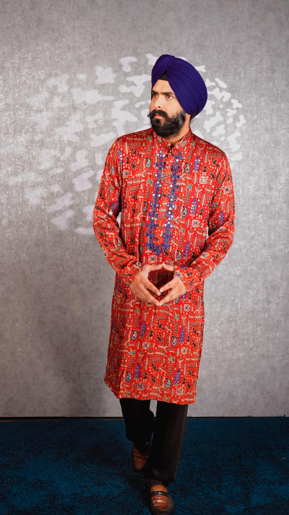 Red Ajrakh Embroidered Silk Kurta Set