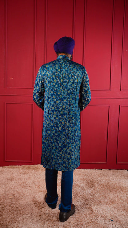 Blue Ajrakh Embroidered Silk Kurta Set