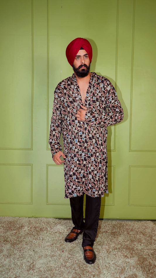 Black Ajrakh Embroidered Silk Kurta Set