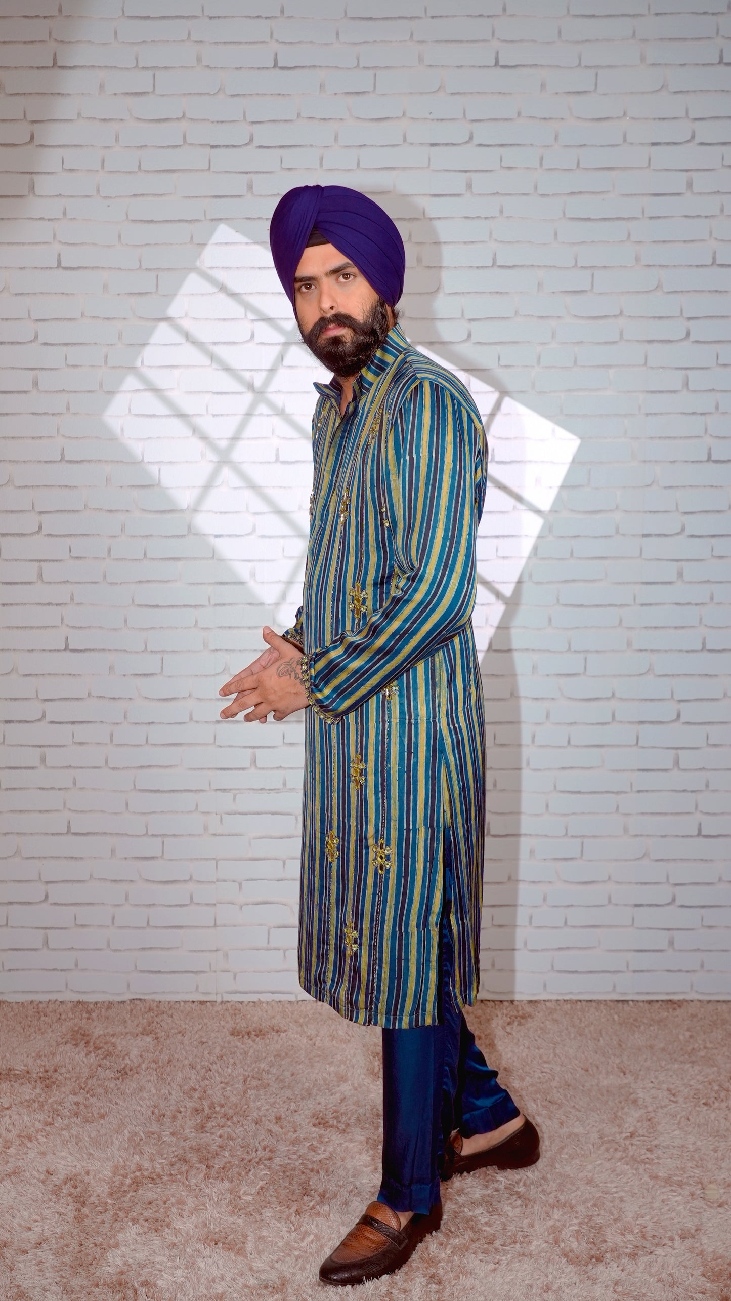 Blue Ajrakh Embroidered Silk Kurta Set