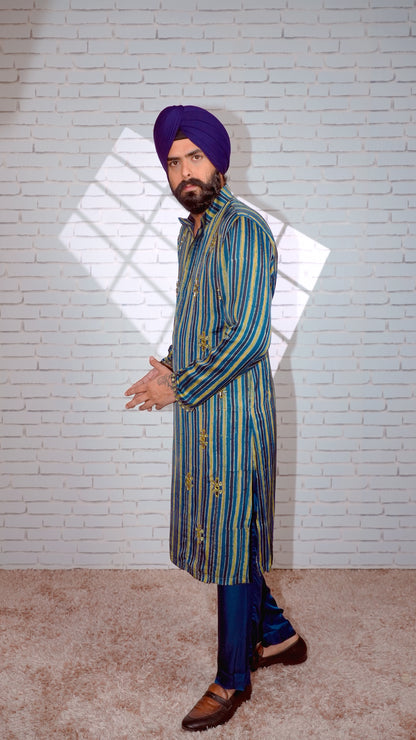 Blue Ajrakh Embroidered Silk Kurta Set
