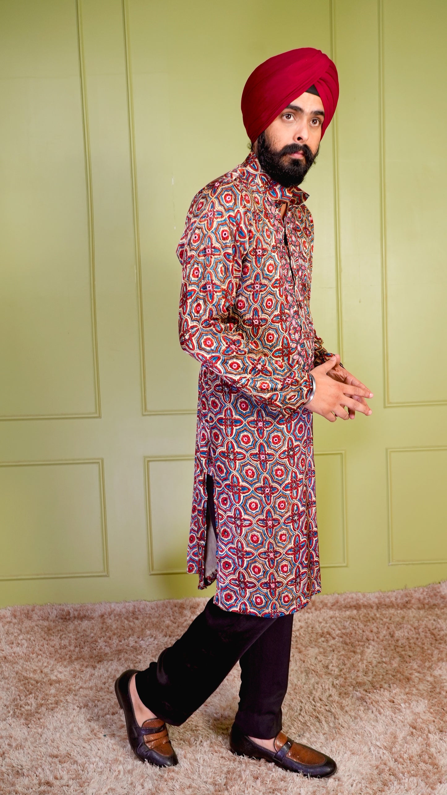Cream & Red Ajrakh Embroidered Silk Kurta Set