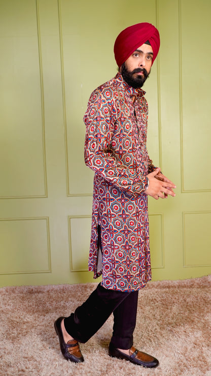 Cream & Red Ajrakh Embroidered Silk Kurta Set