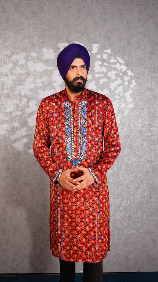 Red Ajrakh Embroidered Silk Kurta Set