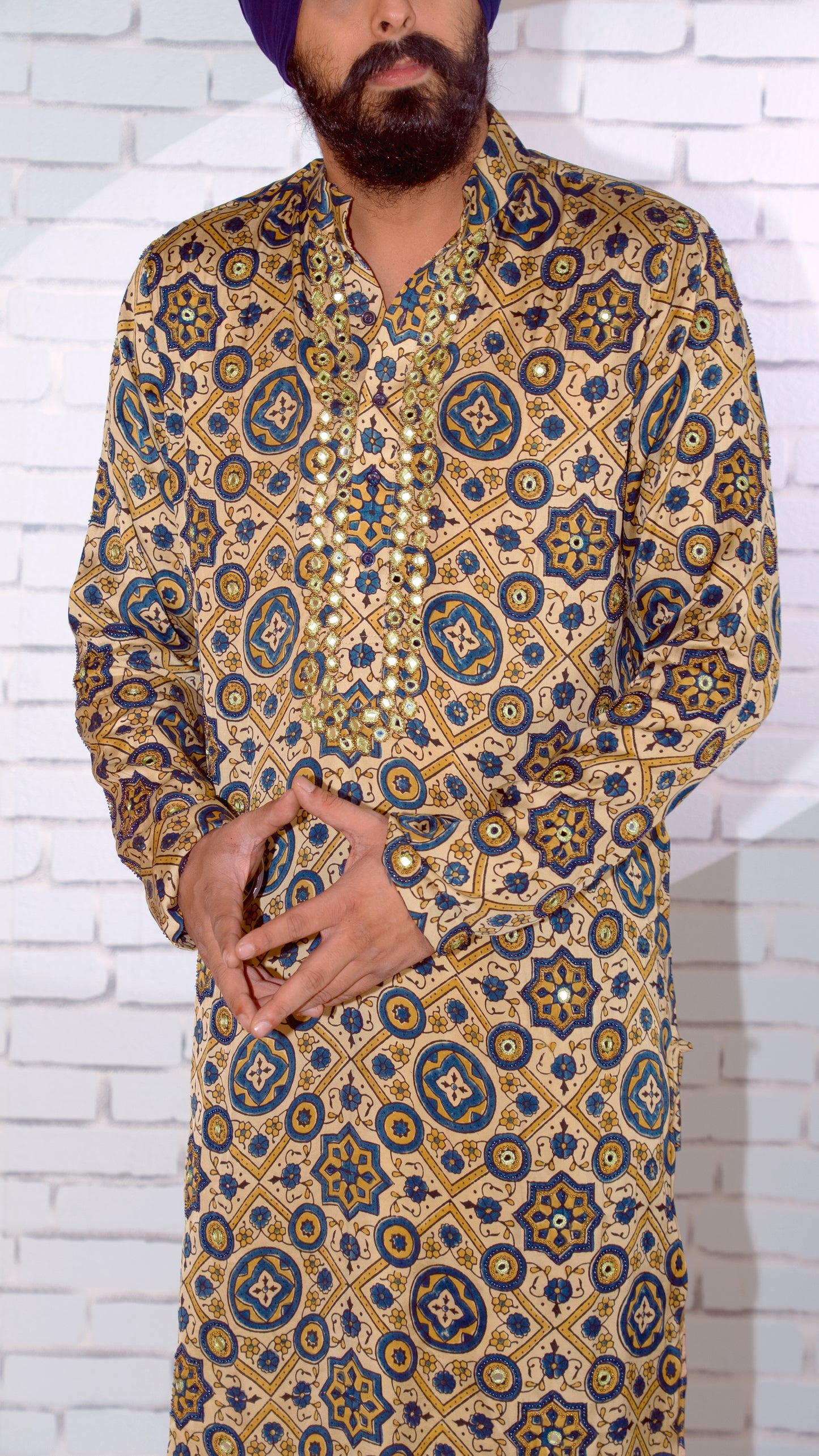 Cream Ajrakh Embroidered Silk Kurta Set
