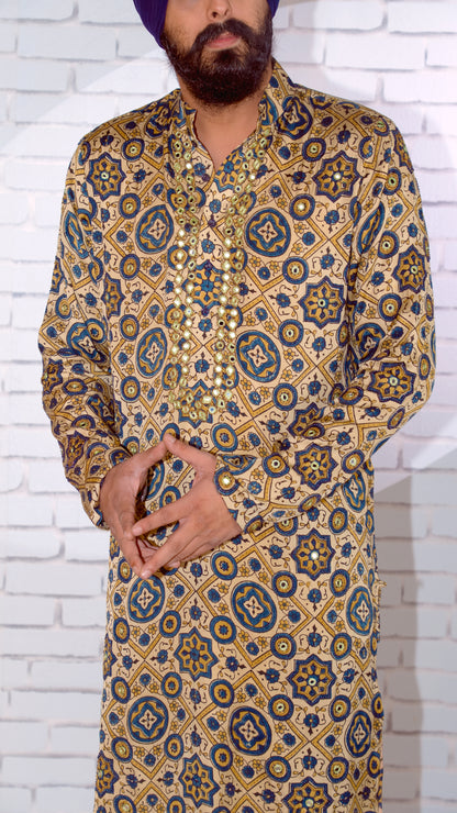 Cream Ajrakh Embroidered Silk Kurta Set