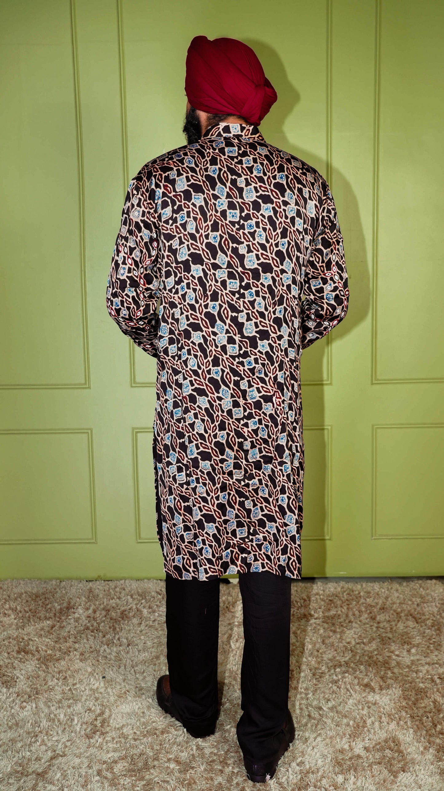 Black Ajrakh Embroidered Silk Kurta Set