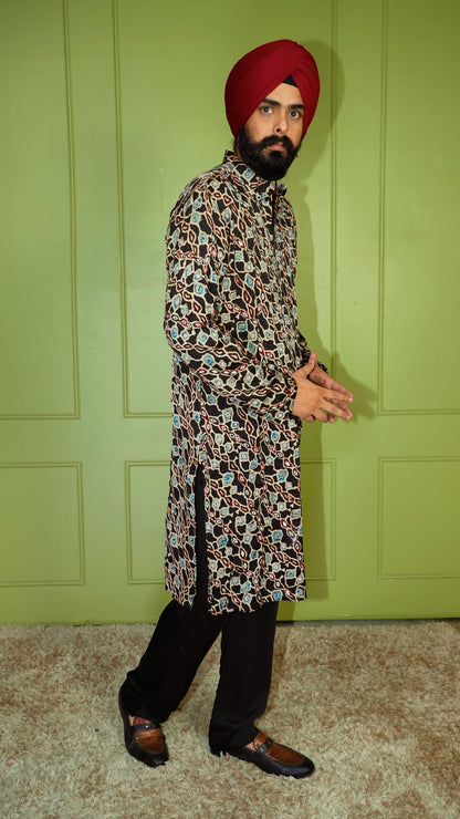 Black Ajrakh Embroidered Silk Kurta Set