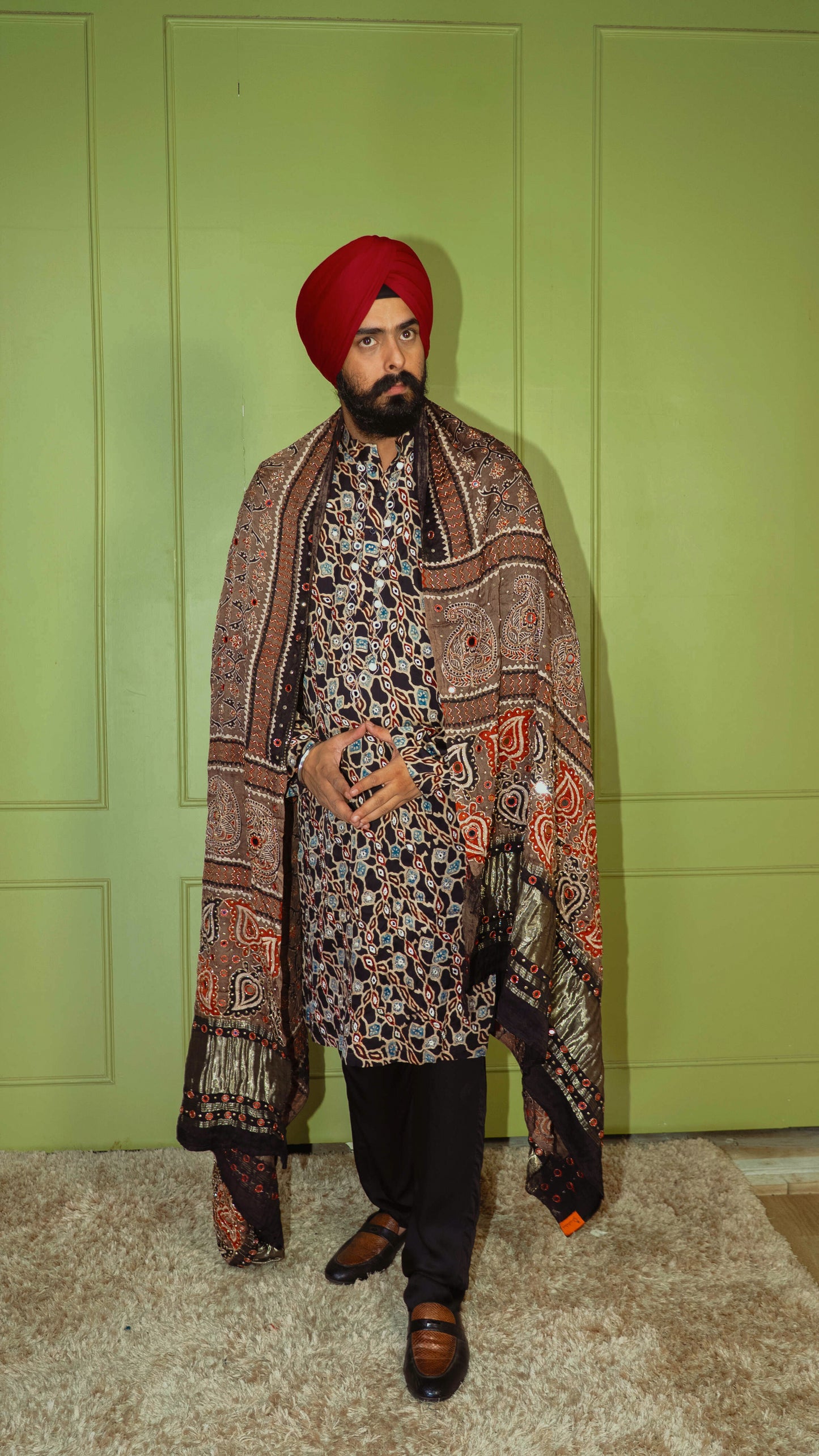 Black Ajrakh Embroidered Silk Kurta Set