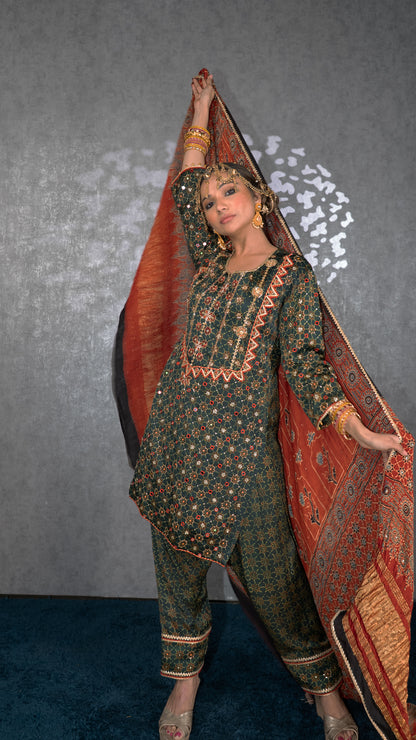 Green Ajrakh Kurta Set