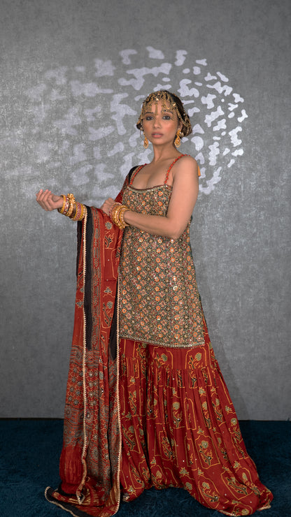 Green Ajrakh Garara Set