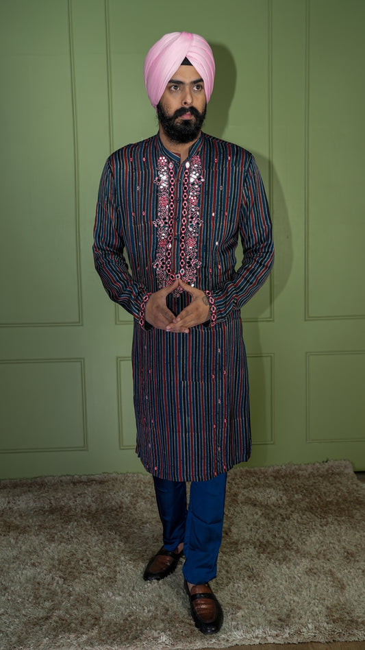 Blue Ajrakh Embroidered Silk Kurta Set