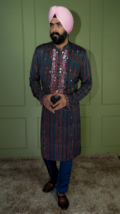 Blue Ajrakh Embroidered Silk Kurta Set