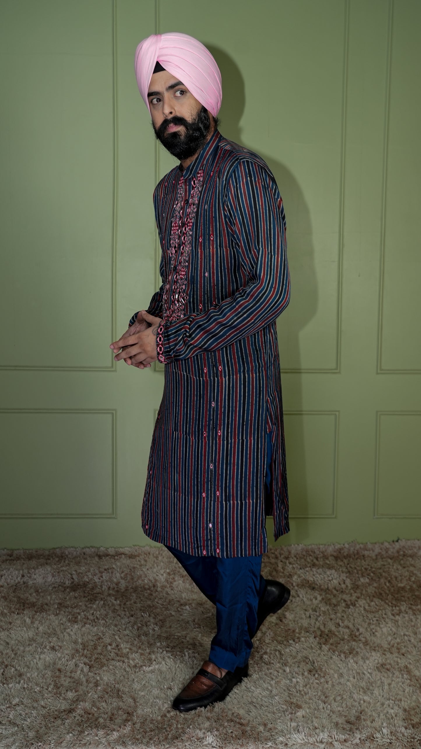 Blue Ajrakh Embroidered Silk Kurta Set