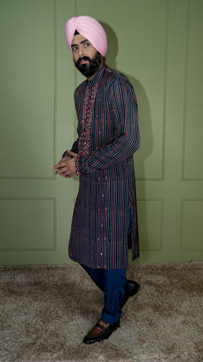 Blue Ajrakh Embroidered Silk Kurta Set
