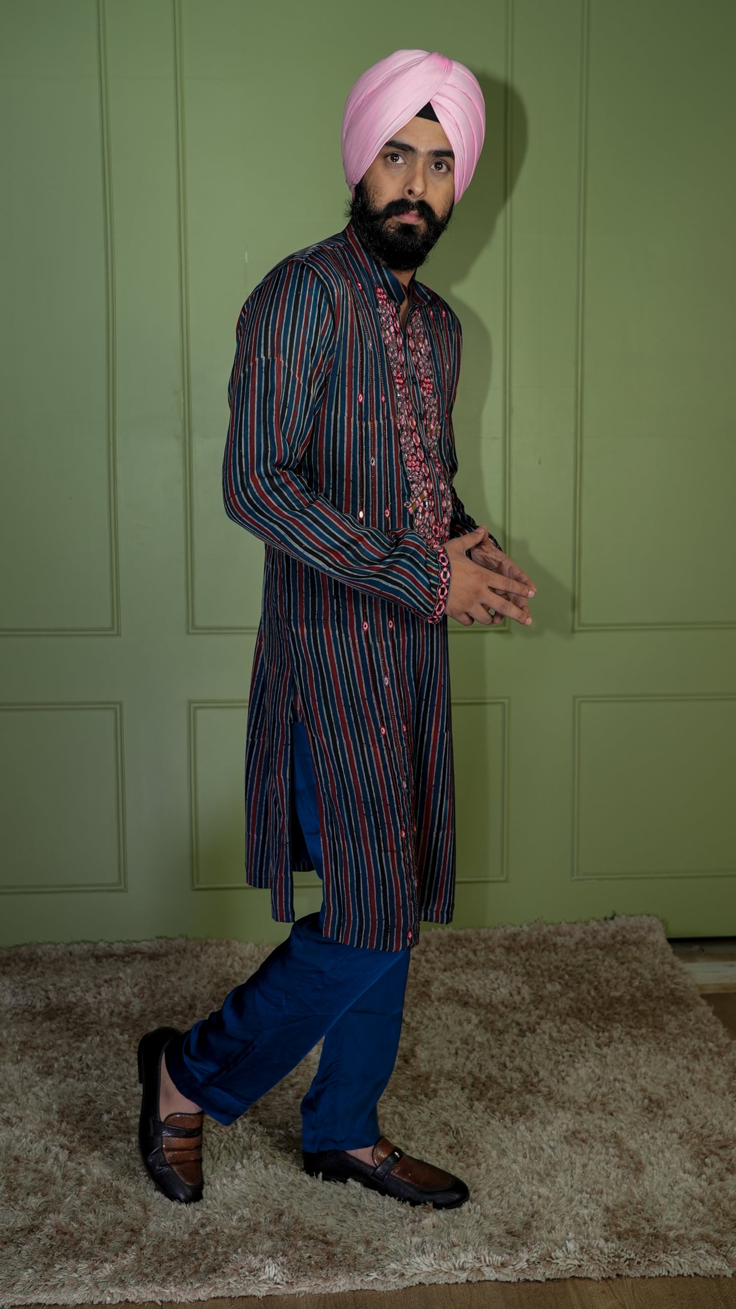 Blue Ajrakh Embroidered Silk Kurta Set