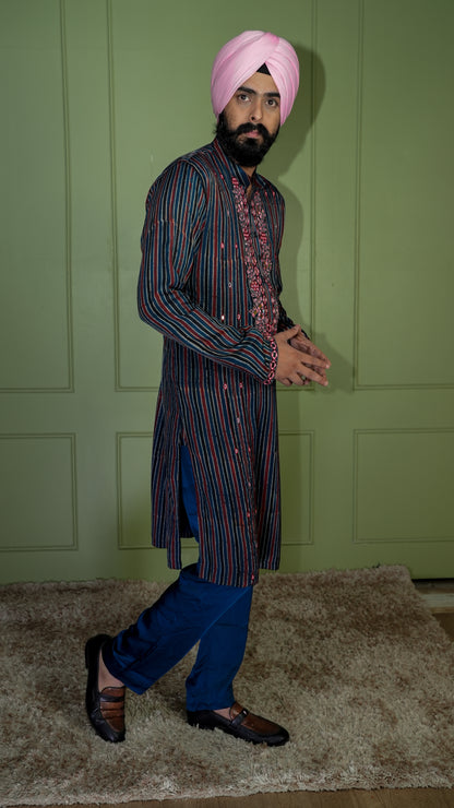 Blue Ajrakh Embroidered Silk Kurta Set