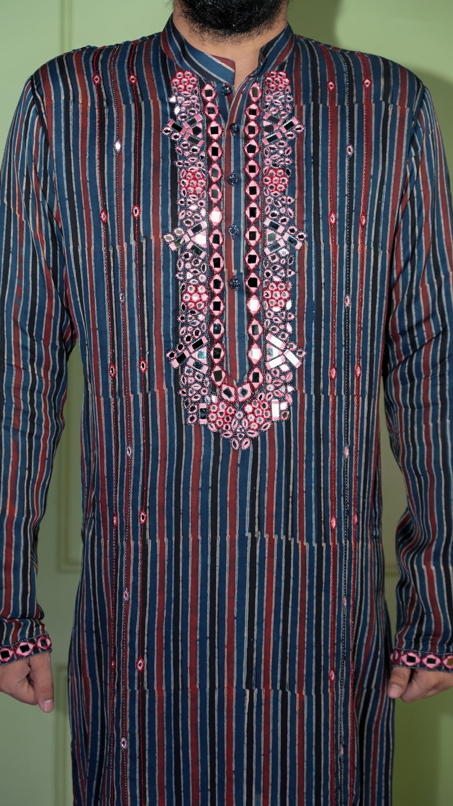 Blue Ajrakh Embroidered Silk Kurta Set