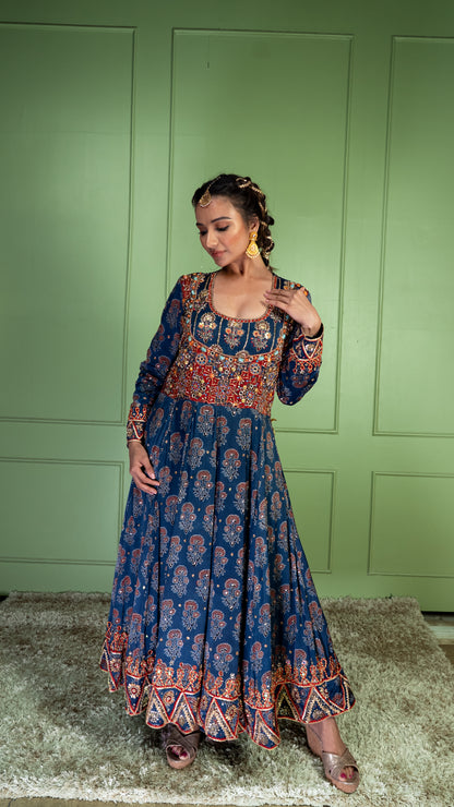 Blue Ajrakh Anarkali