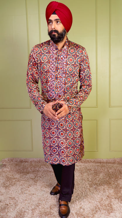 Cream & Red Ajrakh Embroidered Silk Kurta Set