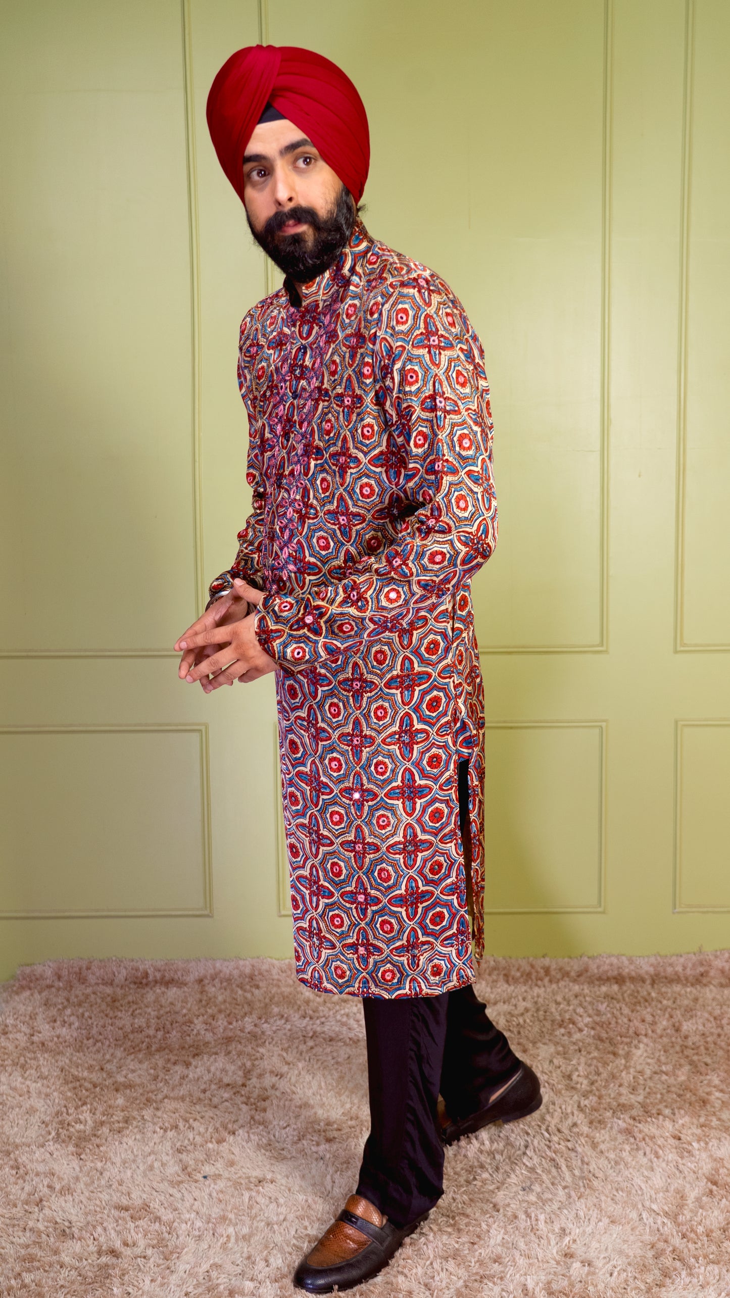 Cream & Red Ajrakh Embroidered Silk Kurta Set