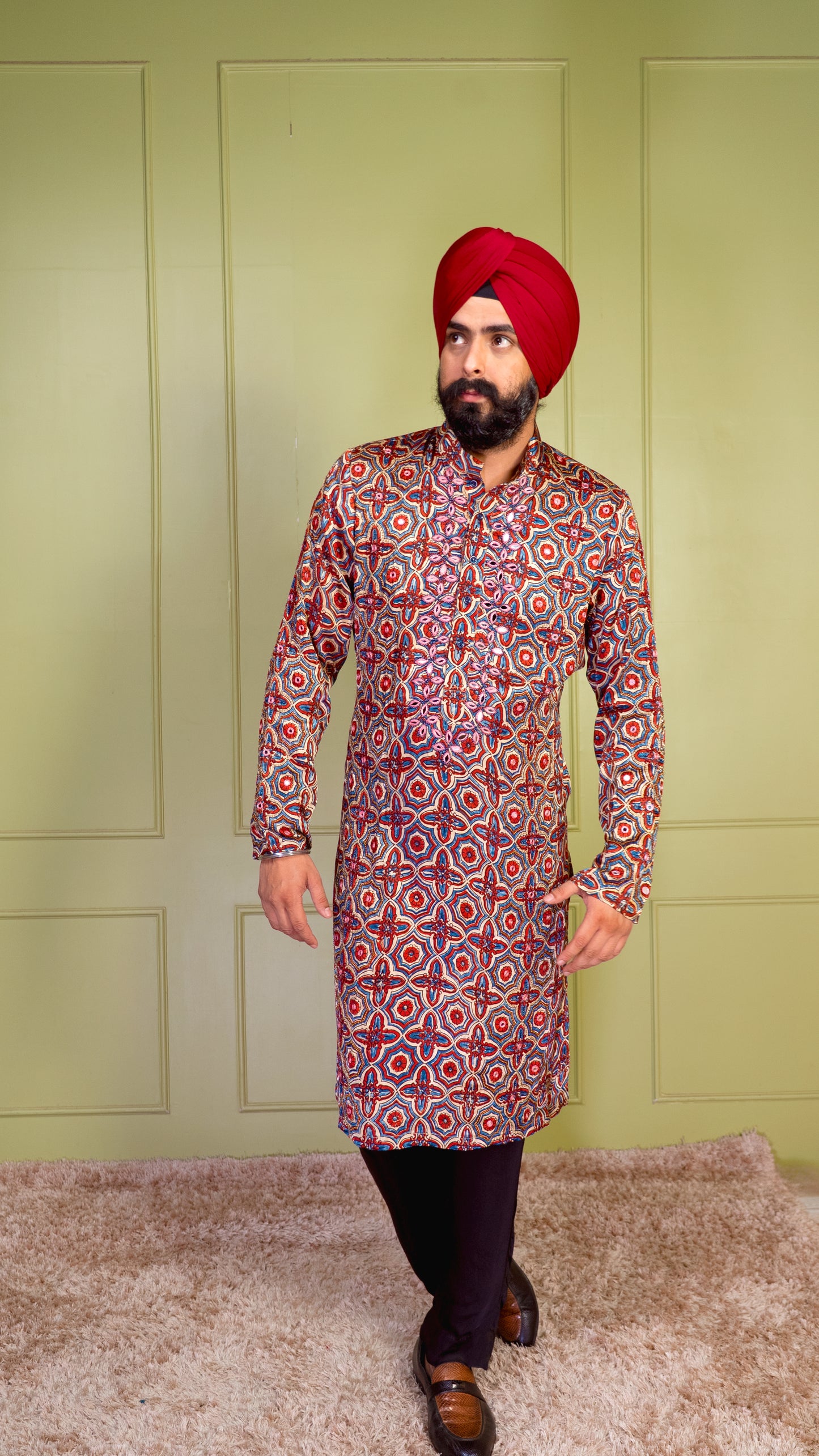 Cream & Red Ajrakh Embroidered Silk Kurta Set