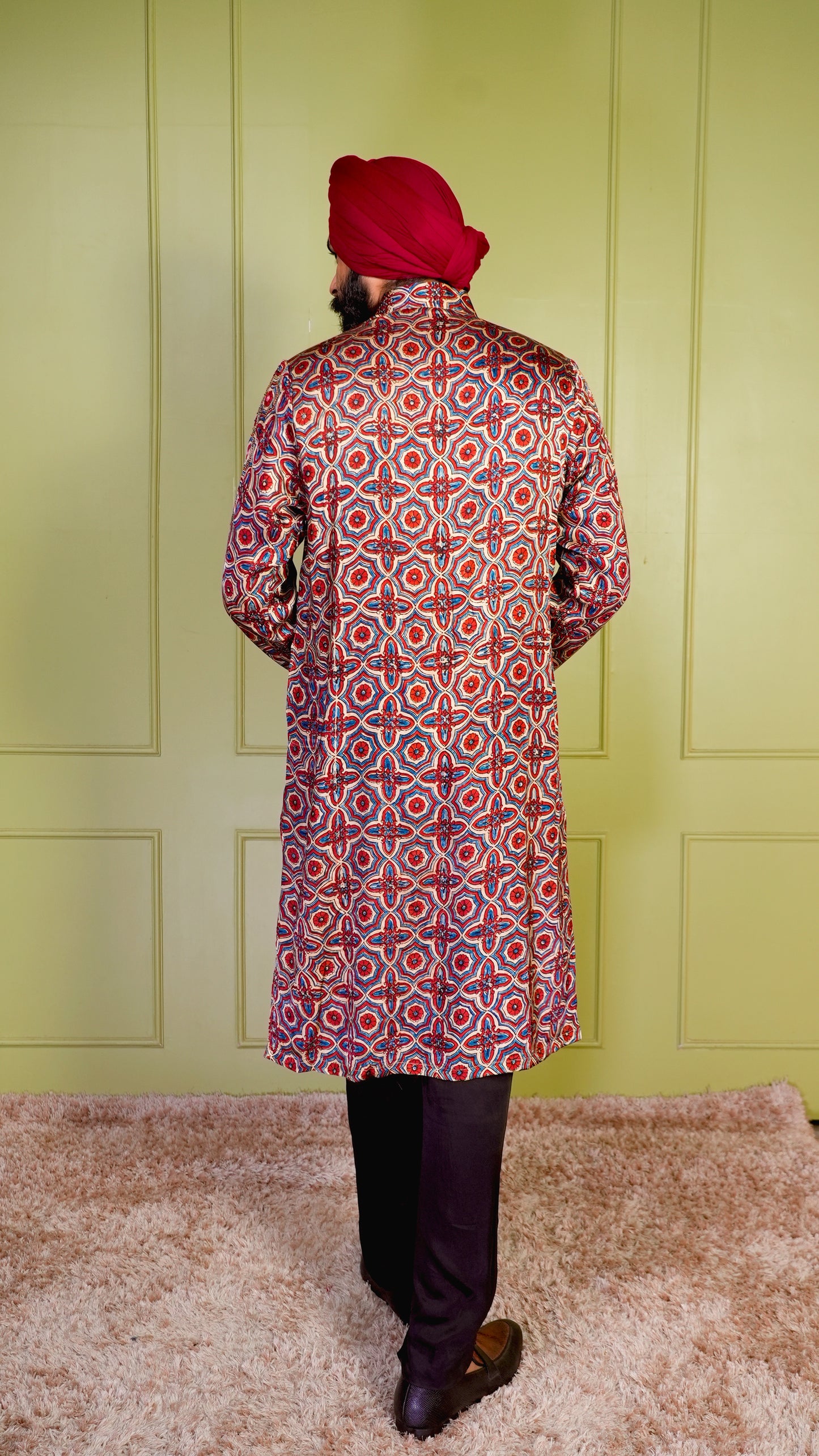 Cream & Red Ajrakh Embroidered Silk Kurta Set
