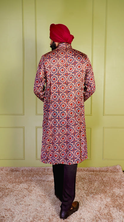 Cream & Red Ajrakh Embroidered Silk Kurta Set