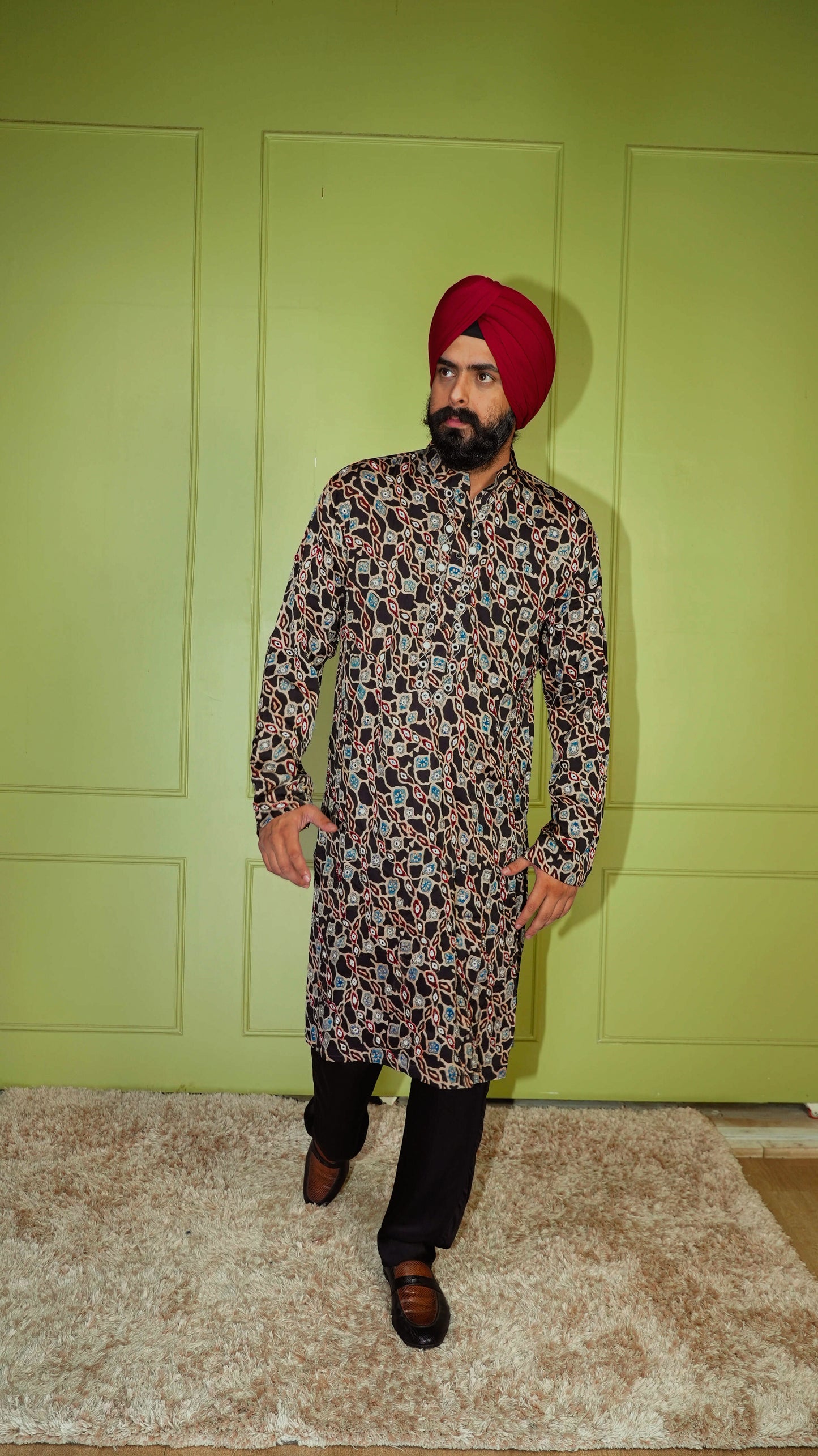 Black Ajrakh Embroidered Silk Kurta Set