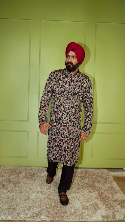 Black Ajrakh Embroidered Silk Kurta Set