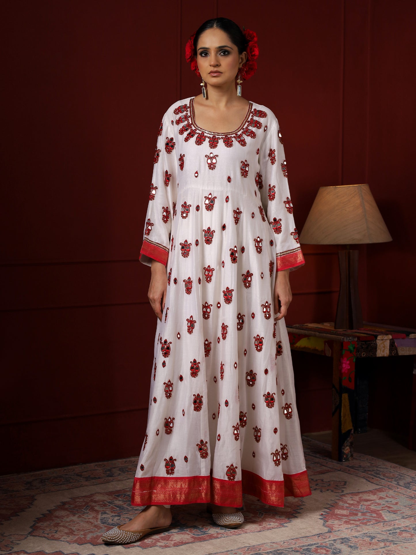 White and Red Paisley Anarkali