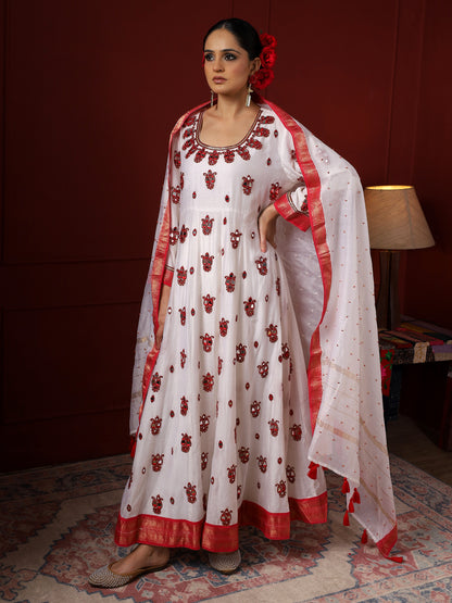 White and Red Paisley Anarkali