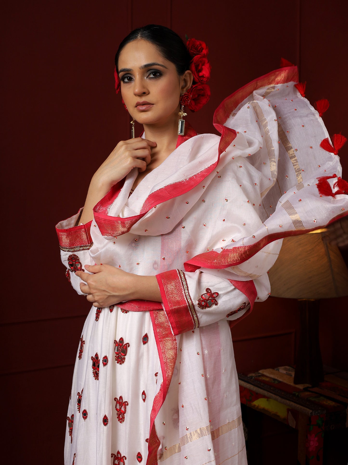 White and Red Paisley Anarkali