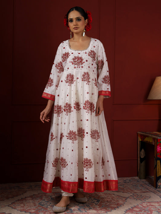 White and Red Peacock Anarkali