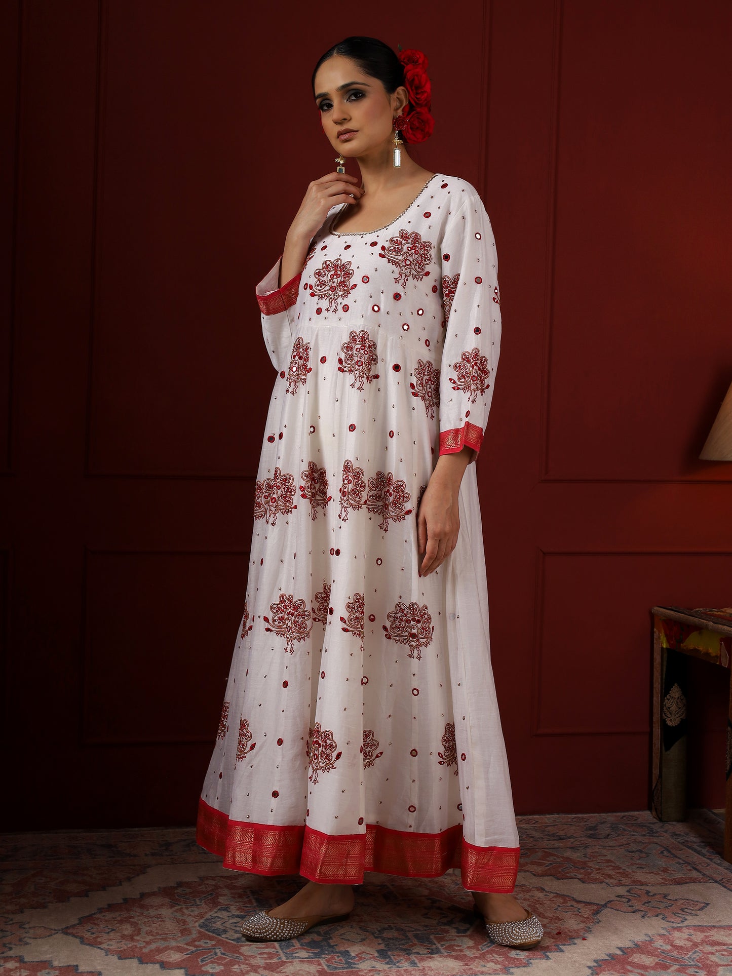 White and Red Peacock Anarkali