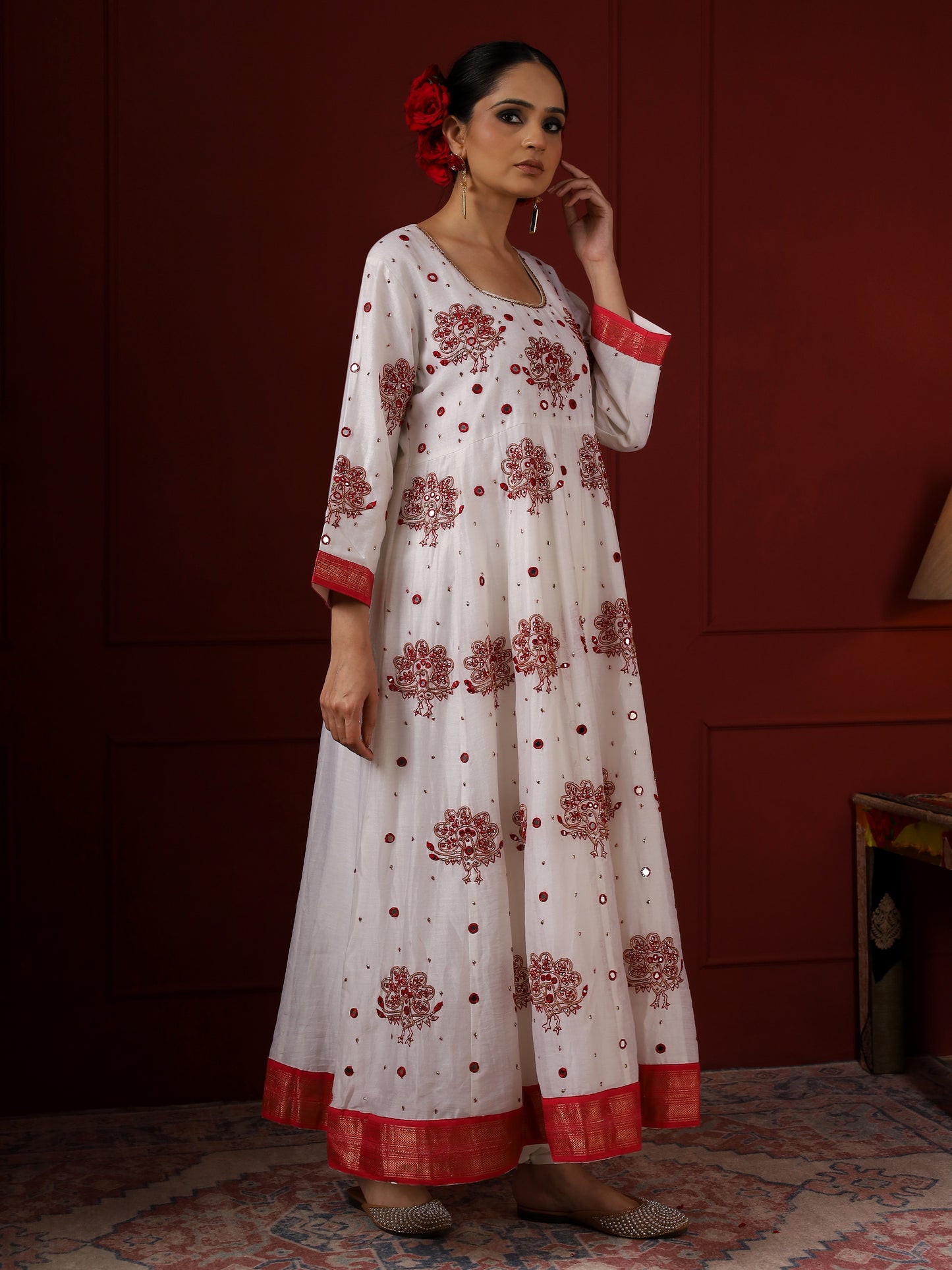 White and Red Peacock Anarkali