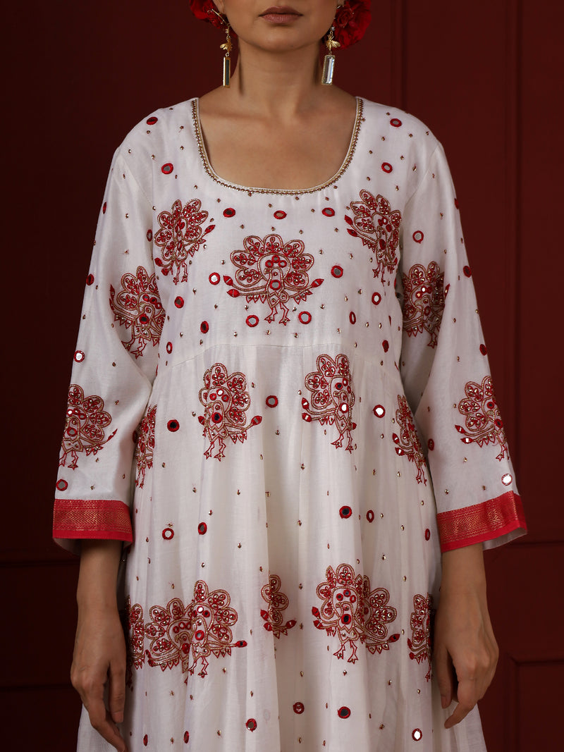 White and Red Peacock Anarkali