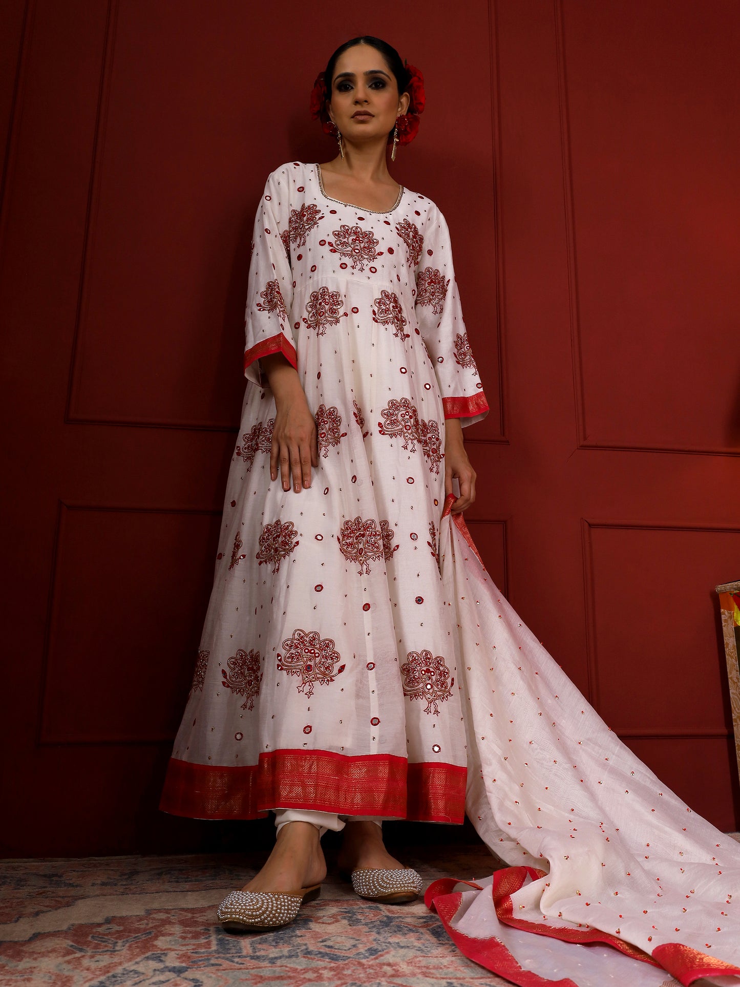 White and Red Peacock Anarkali