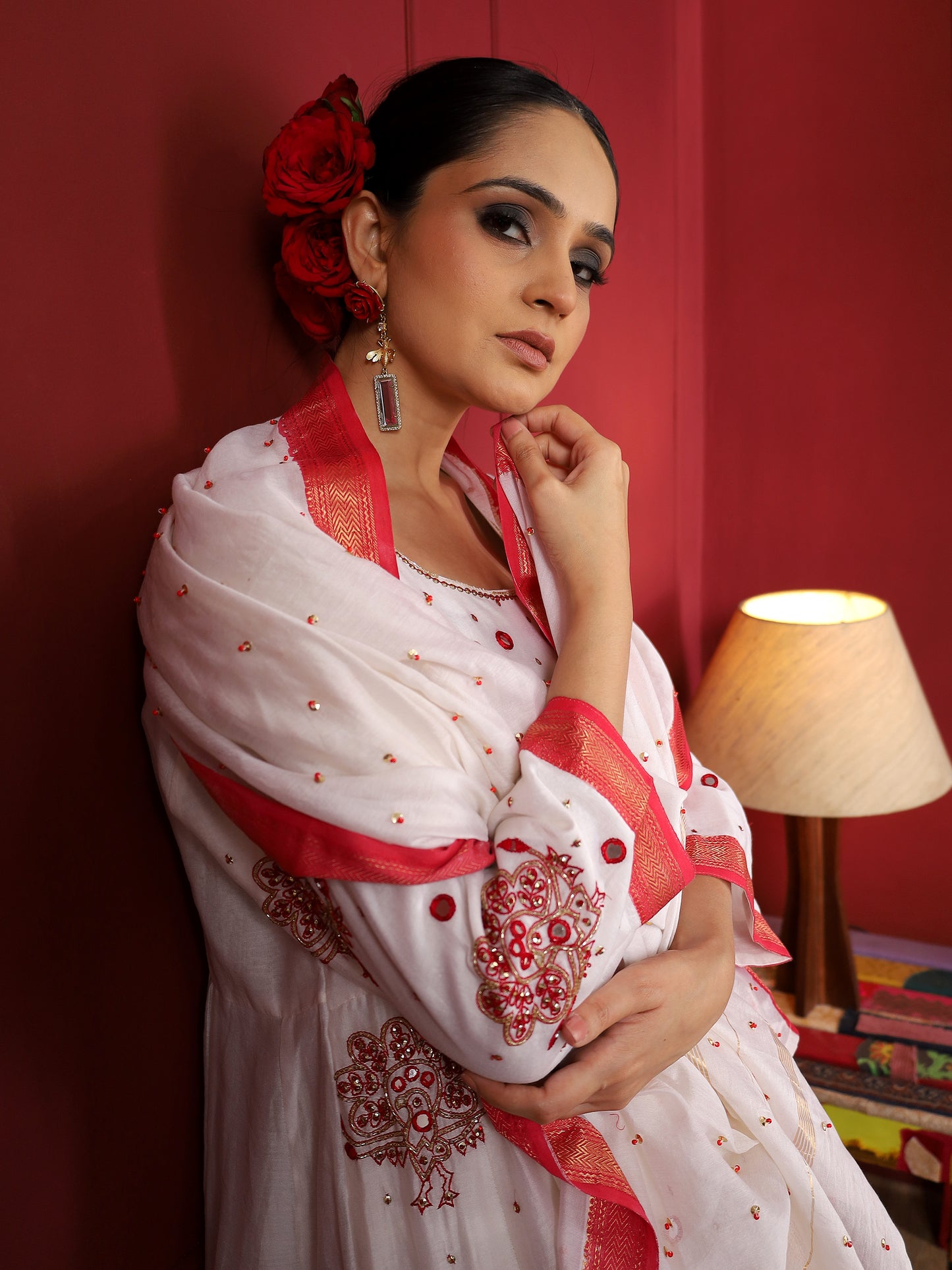 White and Red Peacock Anarkali