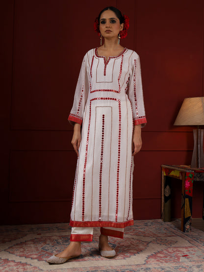White and Red Stripes Kurta Set