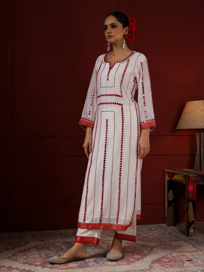 White and Red Stripes Kurta Set