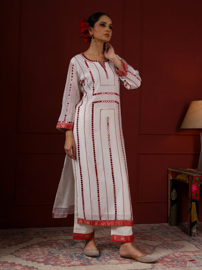 White and Red Stripes Kurta Set