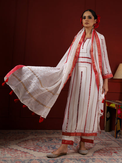 White and Red Stripes Kurta Set
