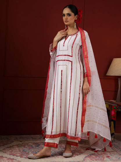 White and Red Stripes Kurta Set