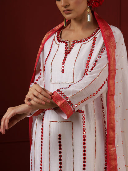 White and Red Stripes Kurta Set