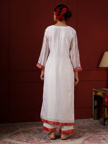 White and Red Stripes Kurta Set