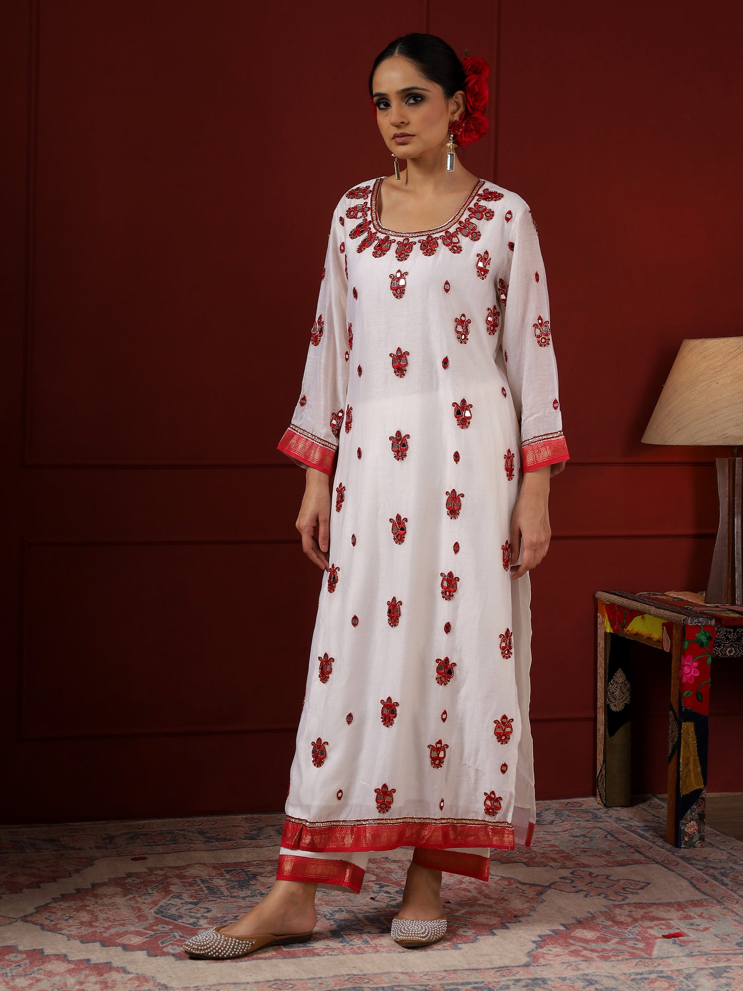 White and Red Paisley Kurta Set