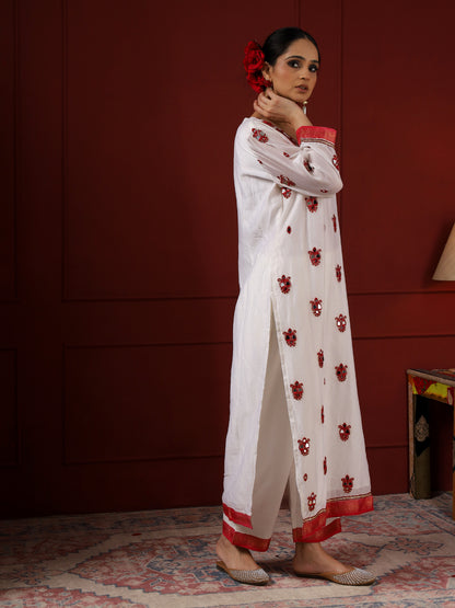 White and Red Paisley Kurta Set