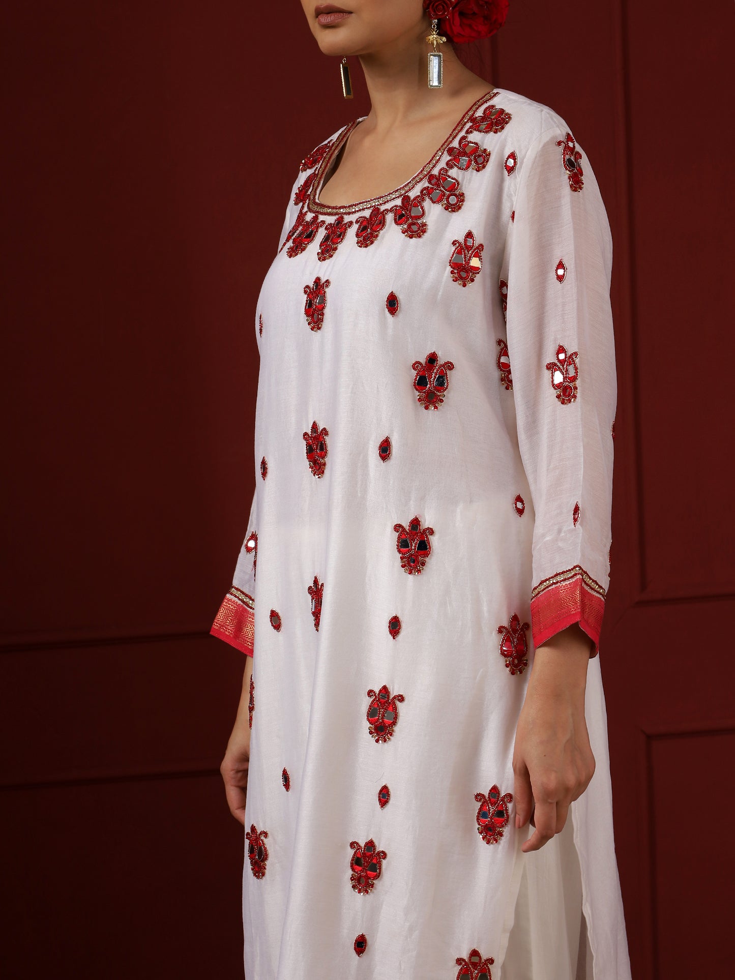 White and Red Paisley Kurta Set