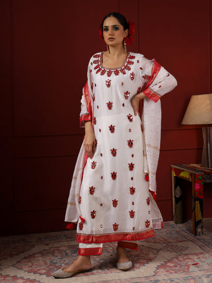 White and Red Paisley Kurta Set